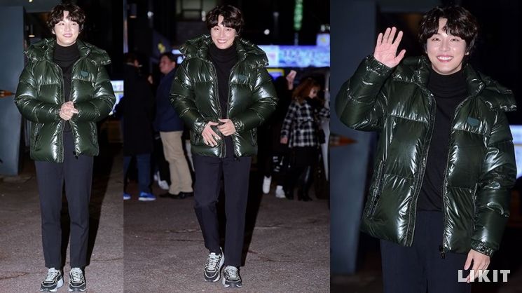 '싸패다' 윤시윤의 종방연 패션은 카키색 푸퍼 숏패딩룩. 사진=듀베티카 (DUVETICA)