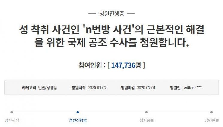 "텔레그램 'n번방 사건', 국제 공조 수사 요청합니다" 靑청원 14만 명 돌파