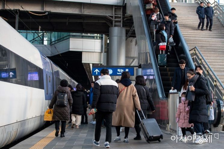 설 명절 대이동이 시작된 23일 서울역 승차장에서 귀성객들이 고향으로 향하는 열차로 이동하고 있다./강진형 기자aymsdream@