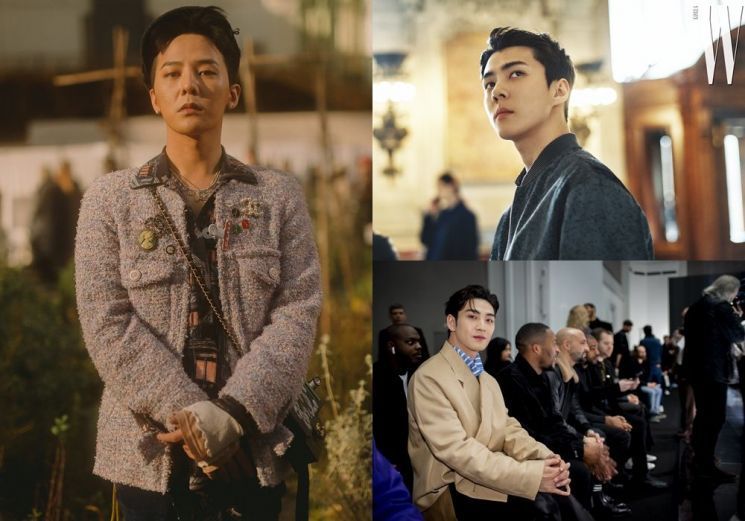 지드래곤, 세훈, 백호. 사진=샤넬, Wkorea, 던힐