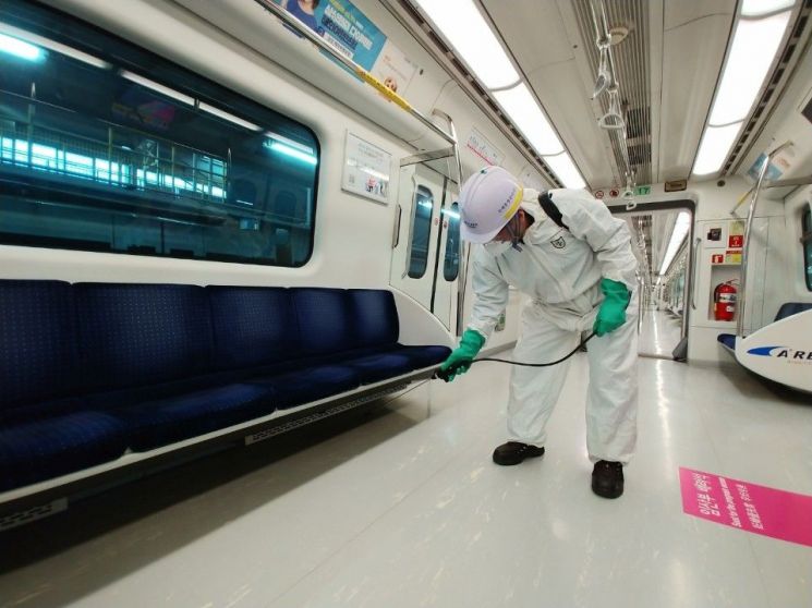 Disinfection inside Airport Railroad regular trains