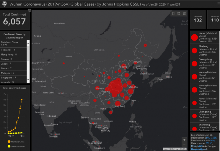 신종 코로나 바이러스 맵[미국 존스홉킨스 대학 CEES팀이 만든 신종 코로나바이러스 지도 웹사이트 캡처