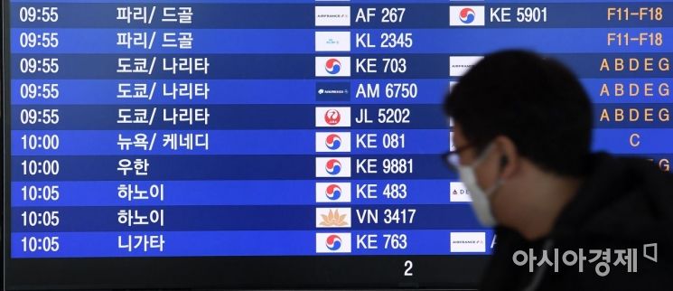 중국 우한 거주 한국 교민 수송을 위한 전세기 운항 일정이 지연된 가운데 30일 인천국제공항 2터미널 출국장 전광판에 우한행 항공기 일정이 표시돼 있다./영종도=김현민 기자 kimhyun81@