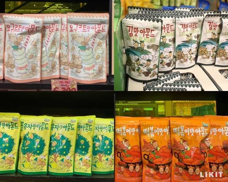 요구르트맛, 김맛, 꿀유자맛, 떡볶이맛 아몬드. 사진=김태윤 기자