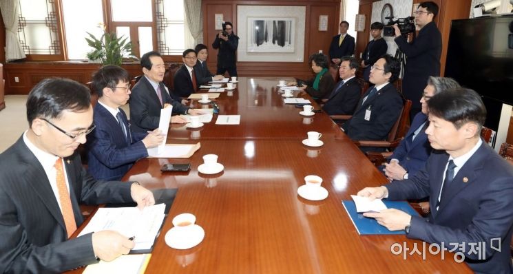 정세균 국무총리가 7일 서울 종로구 정부서울청사에서 열린 '신종 코로나바이러스 감염증 대응 의약 단체 간담회'에서 최대집 대한의사협회장를 비롯한 의약 단체장들과 환담을 나누고 있다./윤동주 기자 doso7@