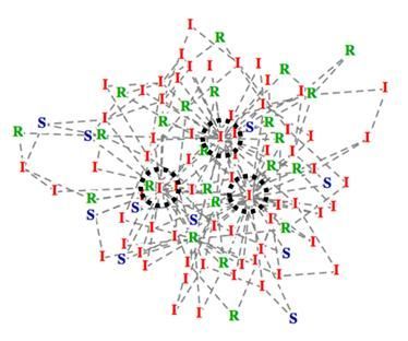 청색은 미 감염자(S), 적색은 감염자(I), 녹색은 회복자(R), 검은색 원으로 표시된 것은 슈퍼 전파자다. 이들 3그룹(미 감염자, 감염자, 회복자)을 각각 전체 인구에 대한 비율로 나타내면 위의 그래프(감염자 수의 시간에 따른 변화)가 만들어진다.