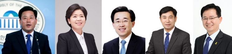 사진 왼쪽부터 송갑석 의원·양향자·김성환·조오섭·이용빈 예비후보