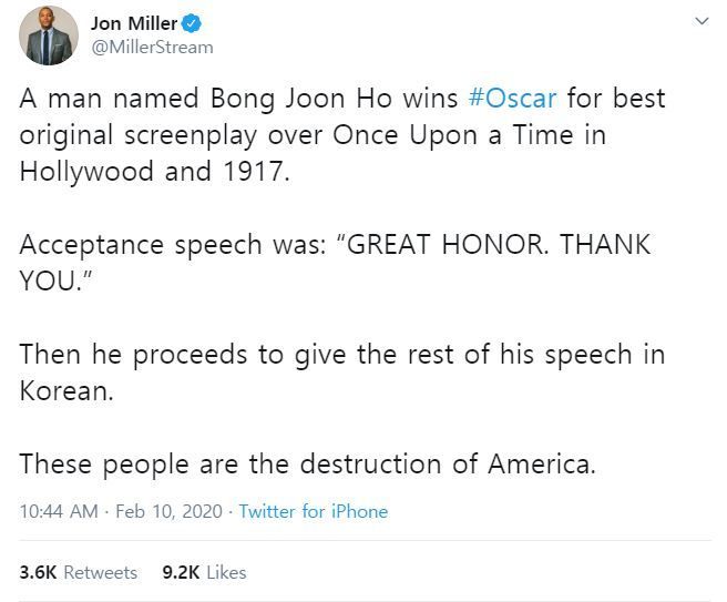 미국의 방송인 존 밀러가 자신의 트위터에 작성한 글/사진=존 밀러 트위터 캡처