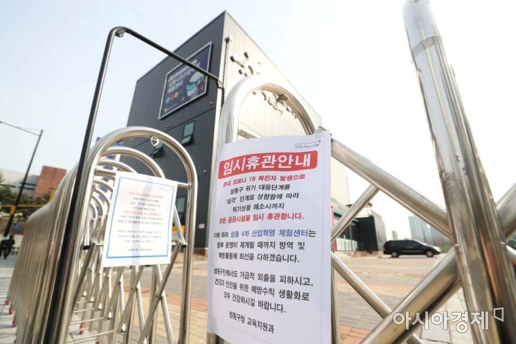 코로나19 지역사회 확산 가능성이 커지고 있는 19일 서울 성동 4차 산업혁명 체험센터에 임시 휴관 안내문이 붙어 있다. /문호남 기자 munonam@