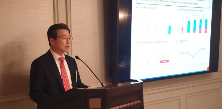 김용범 기획재정부 제1차관이 뉴욕 투자자 라운드테이블에서 한국경제 현안과 대응방향에 대해 설명하고 있다.