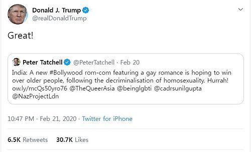 도널드 트럼프 대통령은 21일 트위터를 통해 인도 게이 로맨스 영화 '슈부 만갈 지아다 사브탄'을 홍보하는 글에 대해 "훌륭하다"고 언급했다. / 사진=트위터 캡처