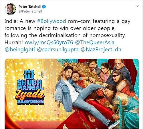 인도 영화 '슈부 만갈 지아다 사브탄(Mangal Zyada Saavdhan)'은 한 게이 커플의 결혼을 소재로 그려지는 로맨틱 코미디 영화다. / 사진=트위터 캡처