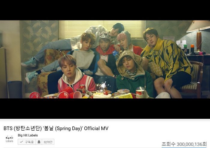 방탄소년단의 곡 '봄날' MV는 22일 유튜브 조회수 3억 건을 돌파했다. / 사진=빅히트 엔터테인먼트 유튜브 캡처
