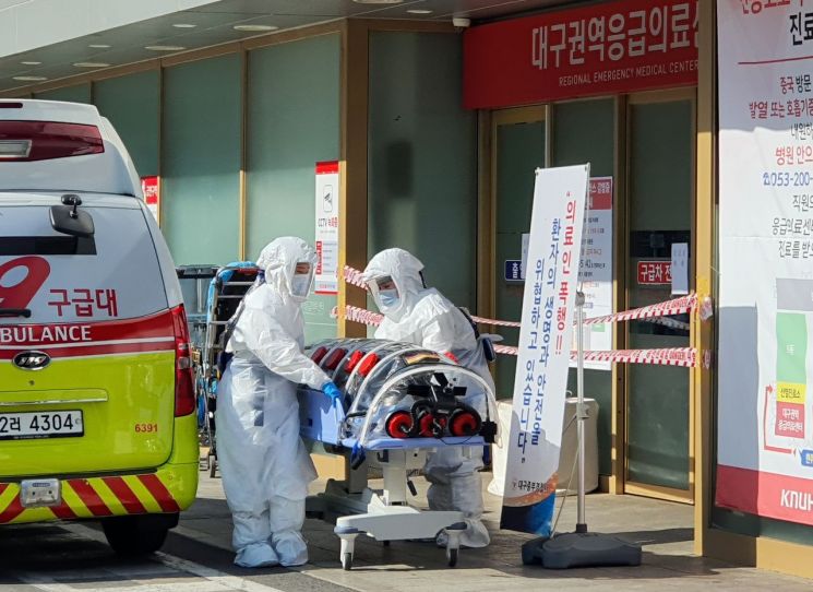 코로나19 의심환자가 대구 경북대병원에 긴급 이송되고 있다.<이미지:연합뉴스>