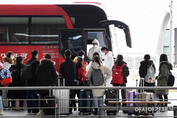 [포토] 대학 수송버스 탑승하는 중국인 유학생들