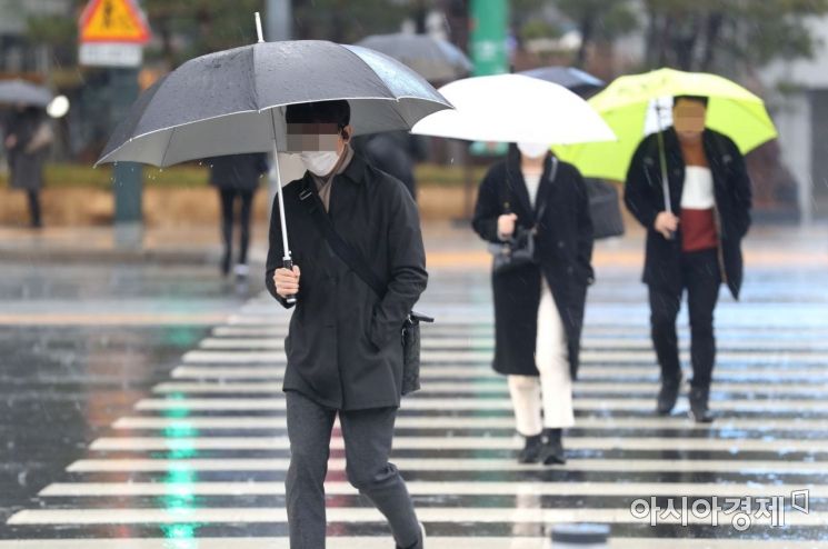 전국에 비가 내린 25일 서울 시청역 인근 횡단보도에서 우산을 쓴 시민들이 출근하고 있다. 사진=문호남 기자