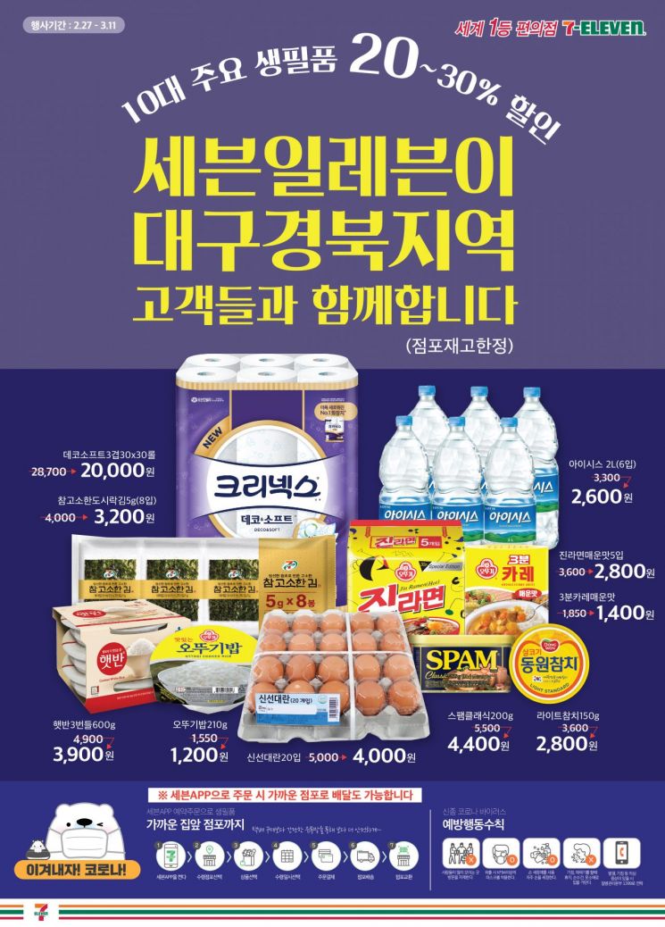 세븐일레븐, 대구·경북지역 전점 주요 생필품 할인판매 진행