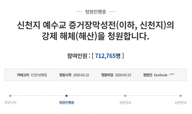 '신천지 강제 해체' 청와대 국민청원 나흘 만에 70만 명 넘어
