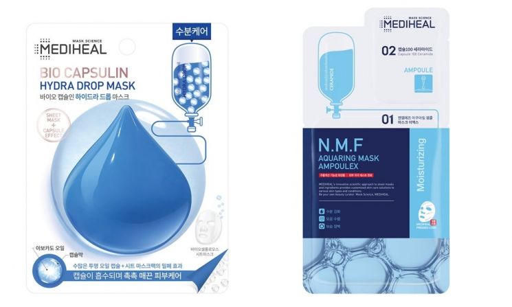 바이오 캡슐인 하이드라 드롭 마스크, N.M.F 아쿠아링 마스크 앰플렉스. 사진=메디힐
