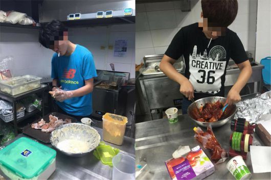 지난 2015년 파주의 한 프랜차이즈 치킨 매장에서 20대 초반 남성 아르바이트생 2명이 담배를 입에 문 채 치킨을 만드는 사진/사진=페이스북 캡처