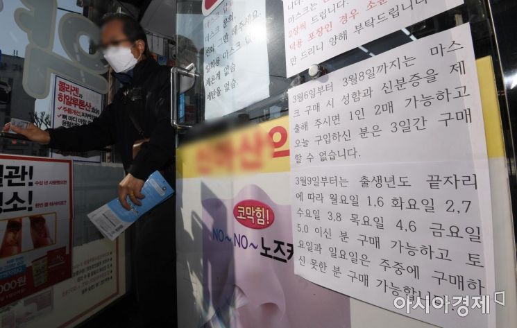 6일 서울 종로5가 인근 약국에서 한 시민이 마스크를 구매해 가고 있다. 이날부터 전국 약국에서는 중복구매 확인시스템이 구축돼 신분증을 제시해야 마스크 구매가 가능하다. 1인당 5매였던 구매한도는 1인당 2매로 줄었다./김현민 기자 kimhyun81@