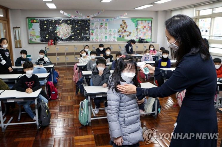 지난달 3일 오전 개학한 부산 부산진구 양정초등학교에서
선생님이 신종 코로나바이러스 감염증 예방을 위해 어린이들의 체온을 측정하고 있다. [이미지출처=연합뉴스]
