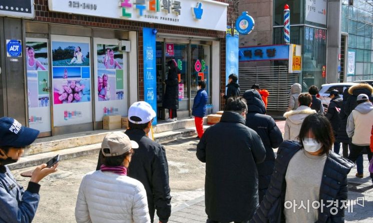 공적마스크 5부제가 시행되고 있는 가운데 지난 15일 서울 마포구 한 약국 앞에서 시민들이 마스크를 구매하기 위해 줄을 서 있는 모습. [사진=아시아경제 강진형 기자]