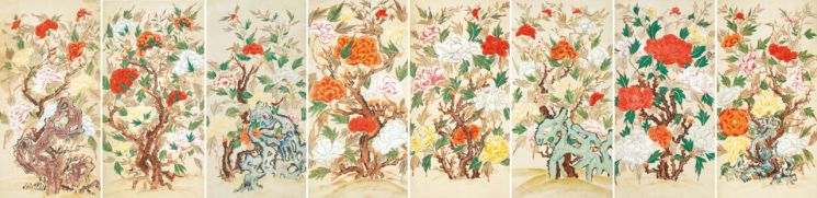 모란괴석도(牧丹怪石圖), 종이에 수묵채색, 각 117×59.5㎝, 8폭, 19세기   [사진= 케이옥션 제공]