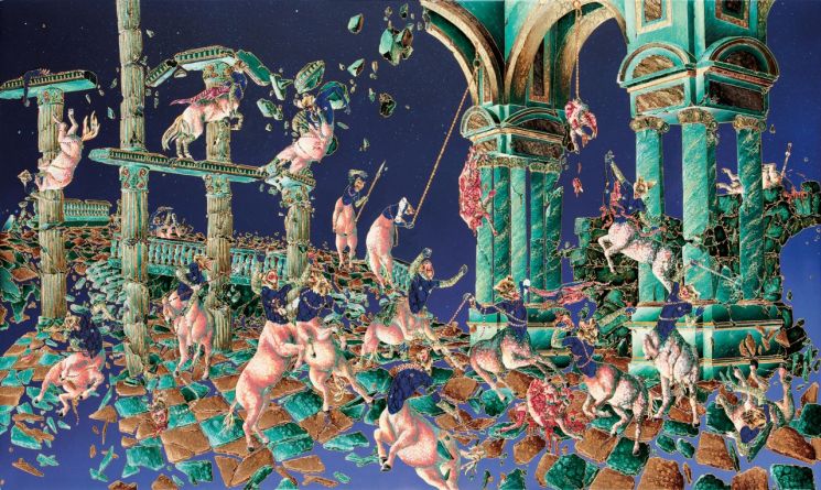 라킵 쇼(Raqib Shaw) '비취 왕국의 몰락 Ⅱ-실낙원 Ⅱ(Fall of the Jade Kingdom Ⅱ-Paradise Lost Ⅱ)', oil, acrylic, glitter, enamel and rhinestones on birchwood
91.5×152.4㎝, 2014  [사진= 케이옥션 제공]