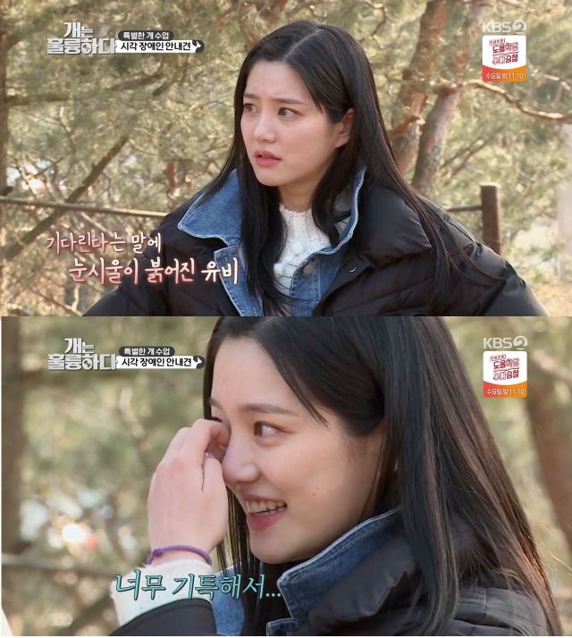 배우 이유비가 시각 안내견의 교육을 지켜보던 중 눈물을 흘렸다/사진=KBS2 '개는 훌륭하다' 방송 화면 캡처