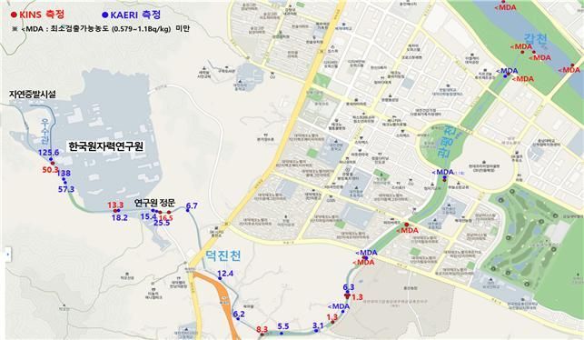한국원자력연구원(KAERI) 외부 하천토양 방사능농도 측정 결과.(이미지 제공=원자력안전위원회)