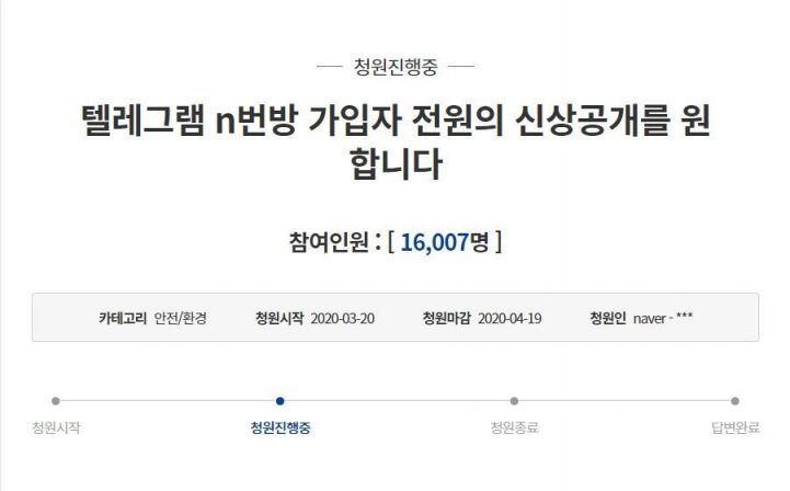 텔레그램 'n번방' 이용자 26만 명 전원의 신상 공개 요청 청와대 국민청원글/사진=청와대 국민청원 홈페이지