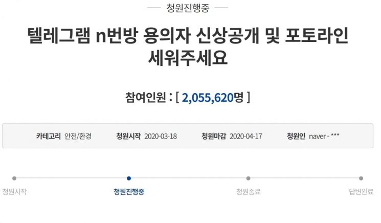 텔레그램 n번방에 대한 처벌을 강화해달라는 국민 청원이 200만명을 넘어섰다. 사진=청와대 국민청원 사이트 캡처