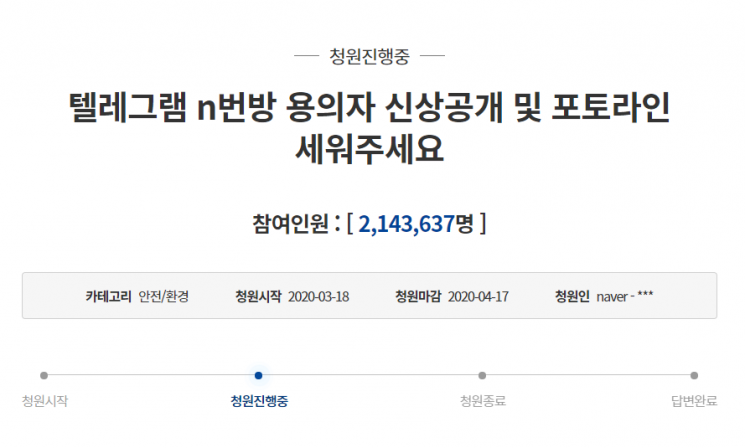 [종합]"텔레그램 n번방 용의자 공개" 국민청원 214만 동의…역대 최다