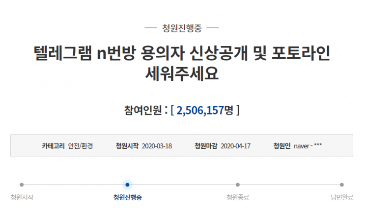 지난 18일 청와대 국민청원 게시판에 올라온 '텔레그램 n번방 용의자 신상공개 및 포토라인 세워주세요'라는 제목의 청원 글/사진=청와대 국민청원 화면 캡처