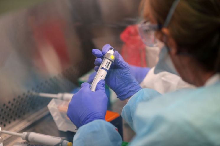 미국 뉴올리언스 튤레인대 연구실에서 한 연구진이 코로나19 바이러스 검사를 준비하고 있다.<이미지:연합뉴스>
