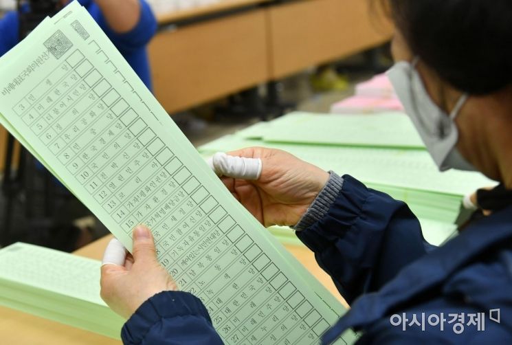 7일 서울 영등포선거관리위원회 관계자들이 21대 총선 선거 투표용지를 검수하고 있다./윤동주 기자 doso7@