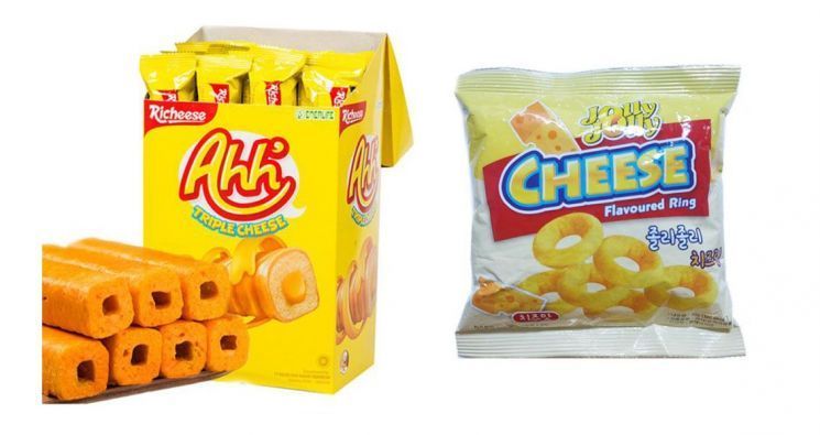 사진=(왼쪽부터) 네이버쇼핑 '데이앤드나이트'Richeese Ahh / 네이버쇼핑 'Gold Candy' 졸리졸리 치즈링 스낵과자