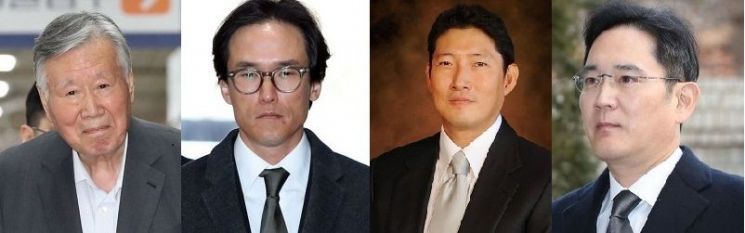 From the left, Lee Joong-geun, Chairman of Booyoung Group; Cho Hyun-bum, CEO of Hankook Tire & Technology; Cho Hyun-joon, Chairman of Hyosung Group; Lee Jae-yong, Vice Chairman of Samsung Electronics / Yonhap News