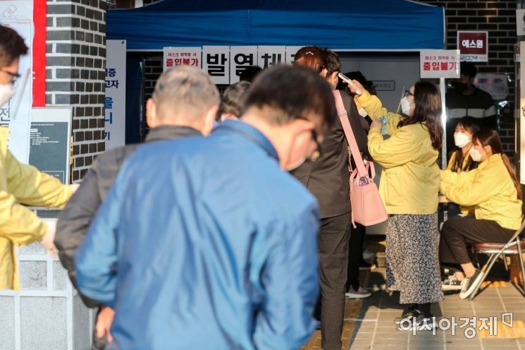 [포토]발열체크하는 유권자들