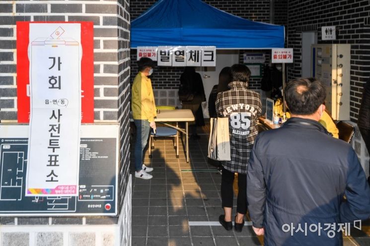 [포토]투표소 입장 앞서 발열체크하는 유권자들