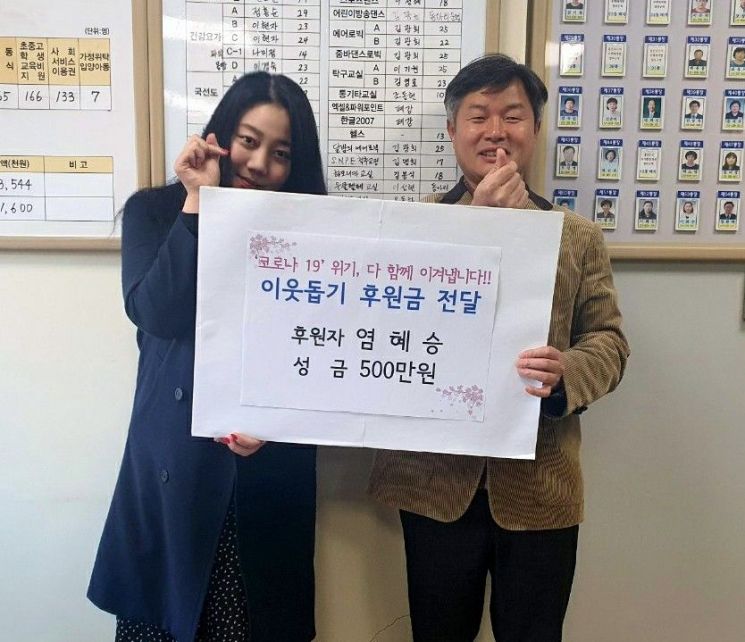 염혜승 씨(왼쪽)와 임병효 홍은1동장이 이웃돕기 후원금 전달식에서 손가락 하트 모양을 하며 기념 촬영에 응하고 있다.