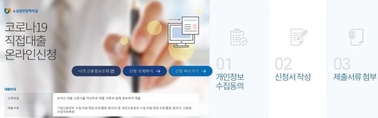 소상공인시장진흥공단 홈페이지 내 '코로나19 온라인신청' 메인 화면.