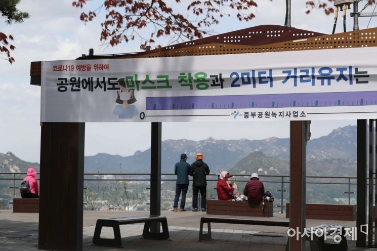 21일 서울 남산에 신종 코로나바이러스 감염증(코로나19) 확산 방지 관련 현수막이 설치돼 있다. 현수막 아래 시민들이 휴식을 취하고 있다. /문호남 기자 munonam@
