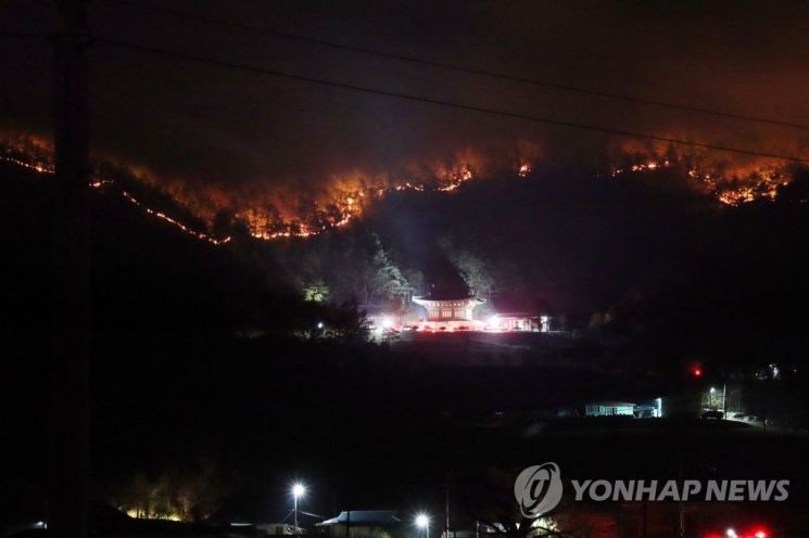 지난 24일 오후 경북 안동시 풍천면 인금리 야산에서 시작된 불이 25일 오후 남후면 단호리 일대로 계속 확산하고 있다. / 사진=연합뉴스