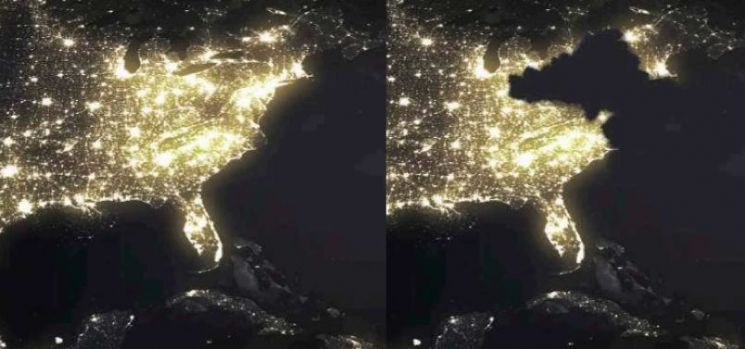 블랙아웃 이전과 이후의 확연한 미국 대륙의 위성 사진. 블랙아웃으로 푹 꺼진 듯 사라진 미국의 뉴욕 지역(사진 오른쪽). [사진=국립재난안전연구원 홈페이지]