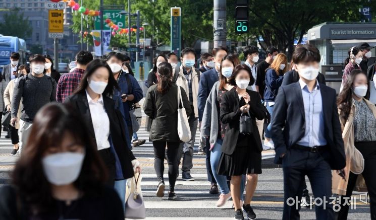 '생활 속 거리두기'가 시작된 6일 서울 광화문네거리 인근에서 출근길 시민들이 발걸음을 옮기고 있다. 이날부터 코로나19 으로 문을 닫은 각종 시설 운영이 재개되고, 행사와 모임도 허용된다. 하지만 ‘생활 속 거리두기’는 예전 일상으로 완전히 돌아가거나 코로나19의 종식을 의미하는 것은 아니다. 방역당국은 ▶아프면 3~4일 집에 머물기 ▶두 팔 간격 건강 거리두기 등 개인방역 기본수칙을 강조했다./김현민 기자 kimhyun81@
