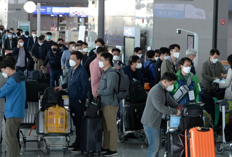 지난달 29일 오전 인천국제공항 2터미널에서 143개 기업의 필수인력 340명 출장단이 탑승수속을 위해 대기하고 있다. [이미지출처=연합뉴스]