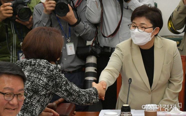 임이자 국회 환노위 고용노동소위원장이 11일 국회에서 열린 고용노동소위원회에 참석, 한정애 민주당 의원과 인사하고 있다. 이날 소위에서는 고용보험 적용대상 확대를 골자로 한 '고용보험법 개정안'과 국민취업지원제도 도입을 위한 '구직자 취업촉진 및 생활안정지원법' 등을 심사한다./윤동주 기자 doso7@