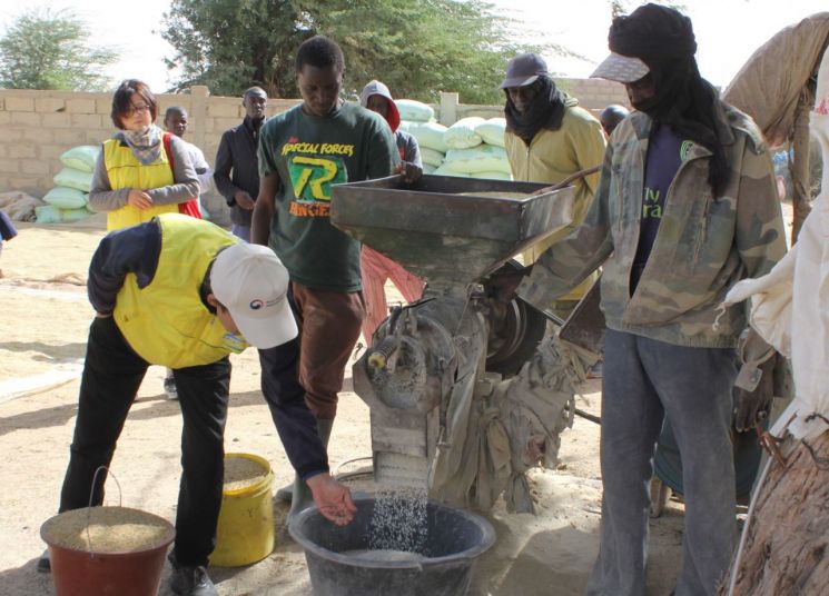 세네갈 음부벤 마을에서 농업인들이 이스리(ISRIZ)를 도정하는 모습